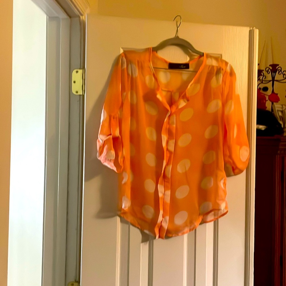 Ladies blouse, large, orange/white, 100 percent polyester, handwash.